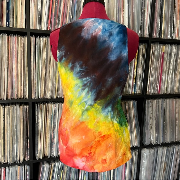 Fitted sleeveless 🌈 ice dyed linen grateful silk Jerry Garcia tie bolt 💀⚡️vest - Picture 5 of 9